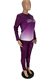 Casual Letter Long Sleeve Round Neck Gradients Tee Top Long Pants Sets WJ5121