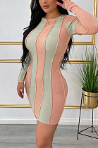 Sexy Long Sleeve Round Neck Spliced Mini Dress ML7407