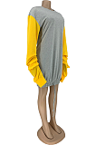 Sexy Polyester Extra-Long Sleeve Round Neck Spliced Midi Dress DN8567