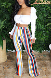 Multi Casual Polyester Striped High Waist Wide Leg Pants BBN090