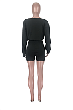 Casual Polyester Long Sleeve Round Neck Tee Top Mid Waist Shorts Sets TZ1171