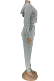 Casual Sporty Long Sleeve Spliced Waist Tie Crop Top Hoodie Long Pants Sets DN8568