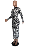Elegant Striped Long Sleeve High Neck Zipper High Waist Long Dress YFS3633