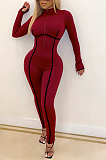 Casual Sporty Long Sleeve Round Neck Spliced Zipper Bodycon Jumpsuit Q748