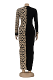 Sexy Leopard Long Sleeve Round Neck Spliced Long Dress AL142