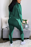 Casual Polyester Long Sleeve V Neck Spliced Tee Top Capris Pants Sets RZ1049