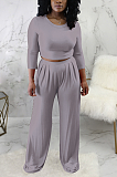 Casual Long Sleeve Round Neck Tee Top Mid Waist Wide Leg Pants Sets SMR9691