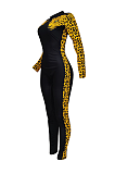 Casual Leopard Long Sleeve Round Neck Spliced Bodycon Jumpsuit FFE056