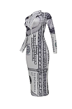 Sexy Dollar Graphic Long Sleeve Stand Collar High Waist Long Dress FFE052