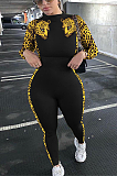 Casual Leopard Long Sleeve Round Neck Spliced Bodycon Jumpsuit FFE056