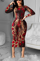Sexy Polyester Pop Art Print Long Sleeve Round Neck High Waist Long Dress FFE058