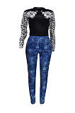 Casual Sexy Leopard Long Sleeve Round Neck Spliced Tee Top Long Pants Sets FFE064
