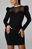 Elegant Polyester Long Sleeve Round Neck Mid Waist Mini Dress FFE068