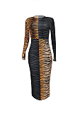 Sexy Long Sleeve Round Neck Spliced Tiger Stripes High Waist Long Dress FFE059