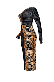 Sexy Long Sleeve Round Neck Spliced Tiger Stripes High Waist Long Dress FFE059