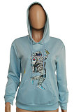 Astronaut Printing Hooded Long Sleeve Fleece Round Neck Mid Waist Two-Piece BLK1082