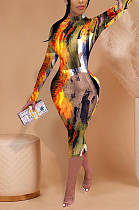 Casual Sexy Pop Art Print Long Sleeve Round Neck High Waist Long Dress FFE061