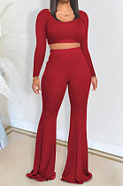 Rib Pure Color Cultivate One's Morality Flare Leg Pants Sport Two-Piece DR8040