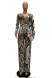 Casual Sexy Leopard Long Sleeve Deep V Neck Wide Leg Jumpsuits YS461