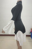 Autumn Winter Womenswear Elegance Fashion Spliced Irregular Long Sleeve Round Neck Dress Waistband Free KA7154