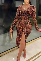 Sexy Leopard Long Sleeve V Neck Split Hem Midi Dress FM6091
