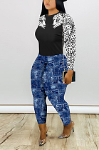 Casual Sexy Leopard Long Sleeve Round Neck Spliced Tee Top Long Pants Sets FFE064