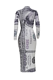 Sexy Dollar Graphic Long Sleeve Stand Collar High Waist Long Dress FFE052