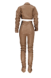 Casual Pu Leather Long Sleeve Deep V Neck Spliced Ruffle Long Pants Sets FFE055