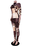Night Out Sexy Letter Long Sleeve High Neck Spliced Capris Pants Sets GL6327