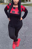 Sporty Polyester Long Sleeve Round Neck Spliced Tee Top Long Pants Sets YZM7130