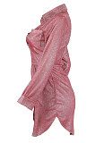 Pure Color Long Sleeve Mid Waist Bright Thread Cloth Dress NK197