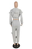 Casual Polyester Long Sleeve Flounce Hoodie Utility Blouse Long Pants Sets E8558