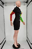 Elegant Figure Graphic Long Sleeve Stand Collar Spliced Mid Waist Midi Dress SMY8067