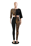 Casual Polyester Leopard Half Sleeve Round Neck Spliced Long Pants Sets SY8751