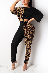 Casual Polyester Leopard Half Sleeve Round Neck Spliced Long Pants Sets SY8751