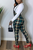 Casual Gingham Long Sleeve Round Neck Tee Top Overalls Long Pants Sets SY8753