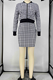 Casual Plaid Long Sleeve Round Neck Utility Blouse Mid Waist Above Knee / Short Skirt Sets X9283