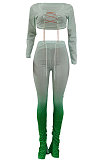 Womenswear Gradient Carry Buttock Metal Chain Bind Ruffle Microhorn Long Sleeve Sets JP1002