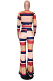 Street Style Striped Long Sleeve Round Neck Drawstring Waist Tee Top Long Pants Flare Leg Pants Sets D68319