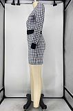 Casual Plaid Long Sleeve Round Neck Utility Blouse Mid Waist Above Knee / Short Skirt Sets X9283