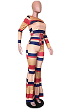 Street Style Striped Long Sleeve Round Neck Drawstring Waist Tee Top Long Pants Flare Leg Pants Sets D68319