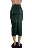 Sexy Pu Leather Buttoned Mid Waist Slit Skirt Midi Skirt LS6405