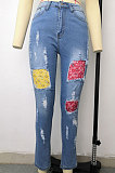 Women Mid Waist Splicing Jeans Fashion Skinny Pants WE8287