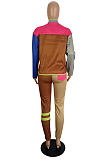 Sporty Long Sleeve Lapel Neck Spliced Slant Pocket Long Pants Coat Sets LS6407