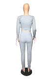 Casual Long Sleeve V Neck Knot Side Self Belted Tee Top Mid Waist Long Pants Sets WXY5525
