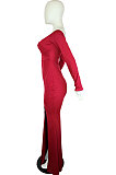 Sexy Polyester Long Sleeve Off Shoulder Split Hem Mid Waist Long Dress QY5036