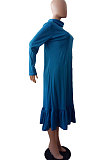 High Neck Spliced Falbala Big Pendulum Pure Color Long Sleeve Dress D68063