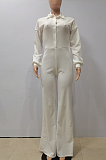 Casual Polyester Long Sleeve V Neck Pit Strip Wide Leg Jumpsuits NYF8036