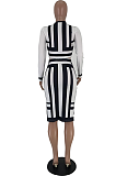 Utility Casual Polyester Striped Long Sleeve Round Neck Spliced Tee Top Midi Skirt Sets JC7002