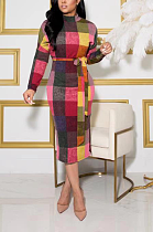 Sexy Plaid Long Sleeve Round Neck Self Belted Mid Waist Long Dress MMS8031